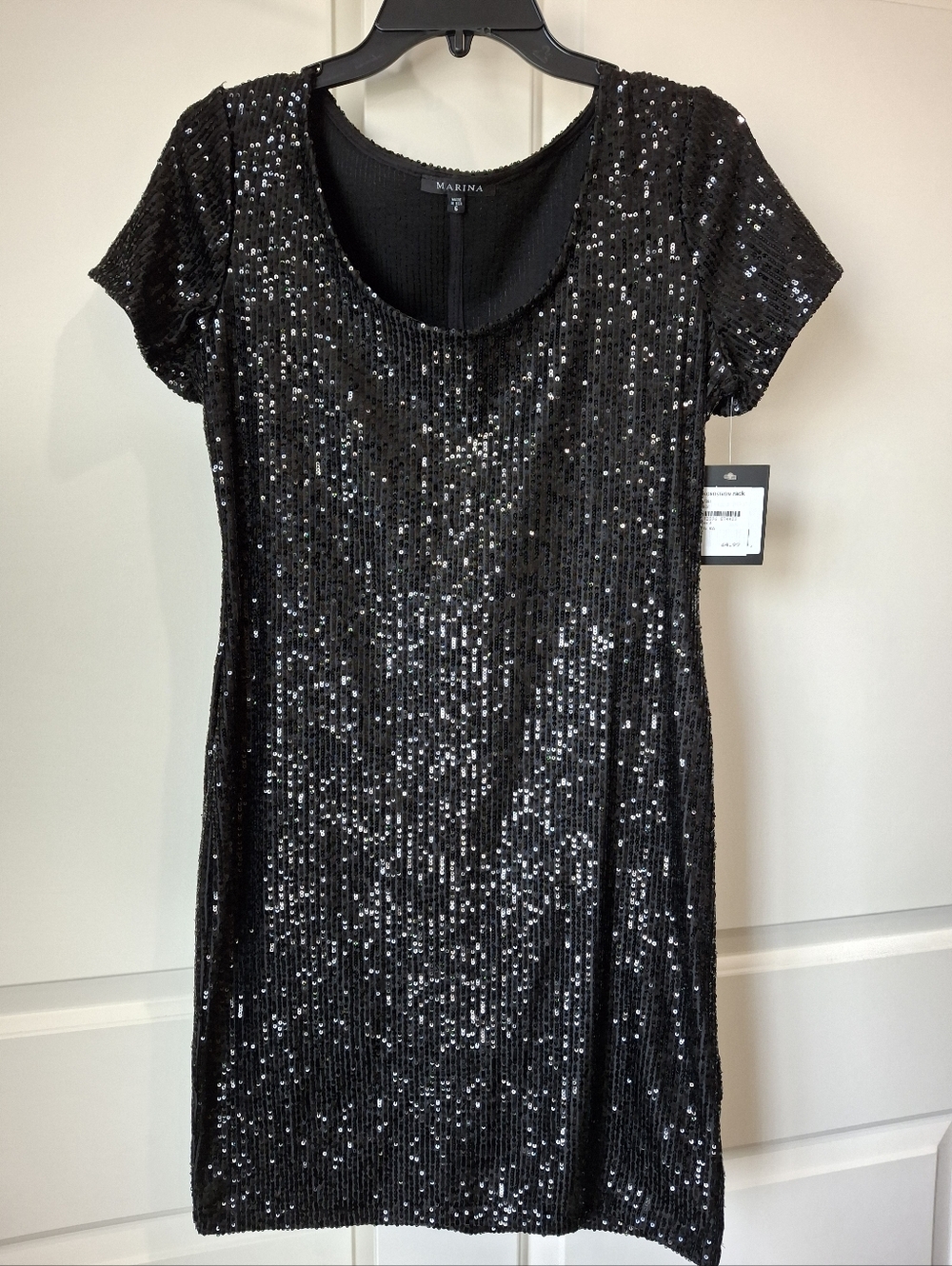 MARINA Elegant Black Sequin Short Sleeve Mini Dress Scoop Neck Size 6